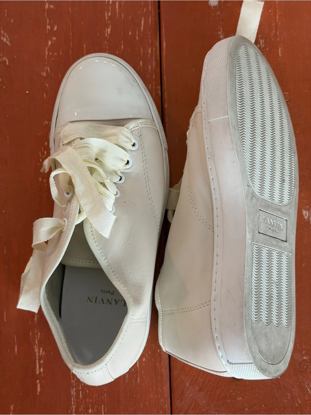 Lanvin Paris Sneaker Goatskin Lambskin Patent Smooth Leather White Cream